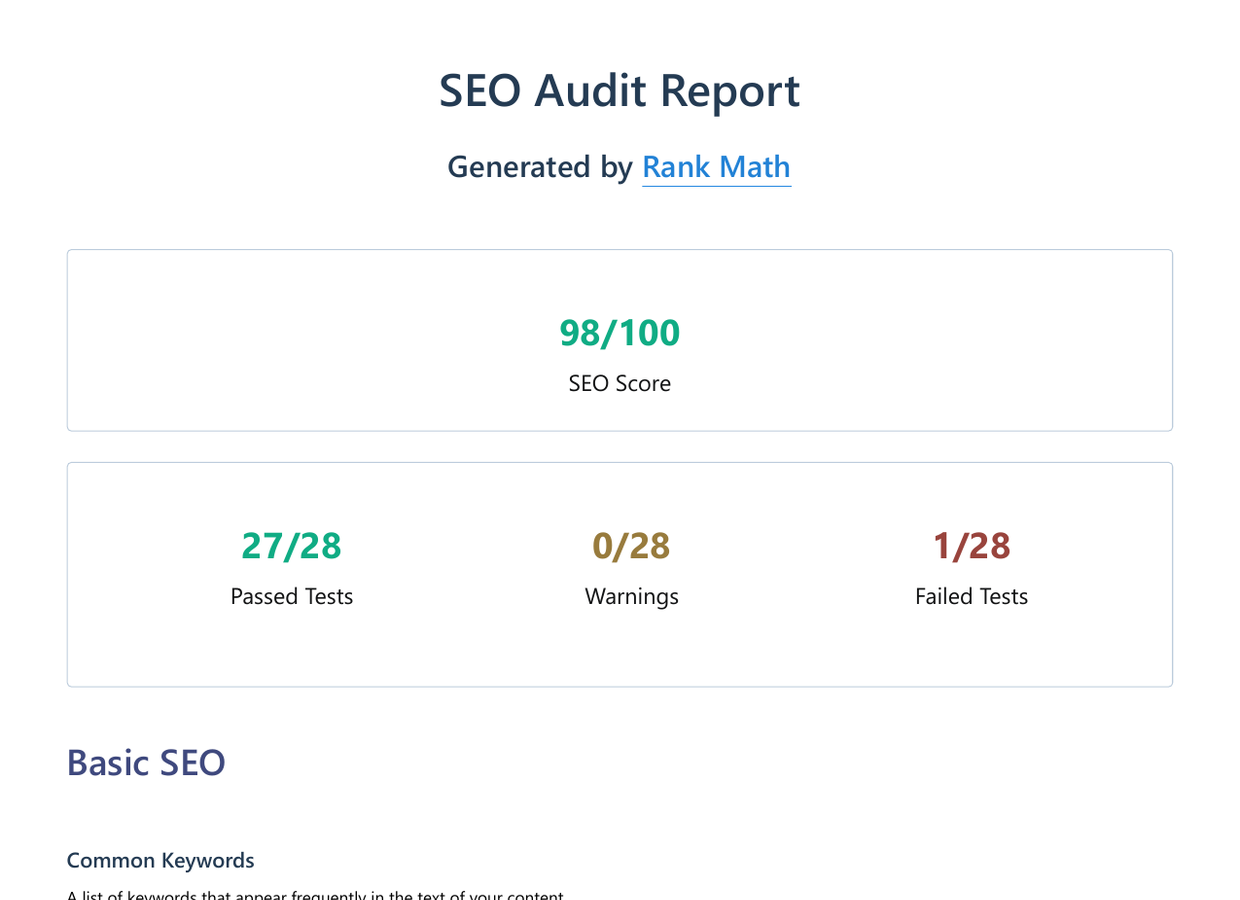 Rank Math optimised report for Biotek Farmasi showing 98 out of 100
