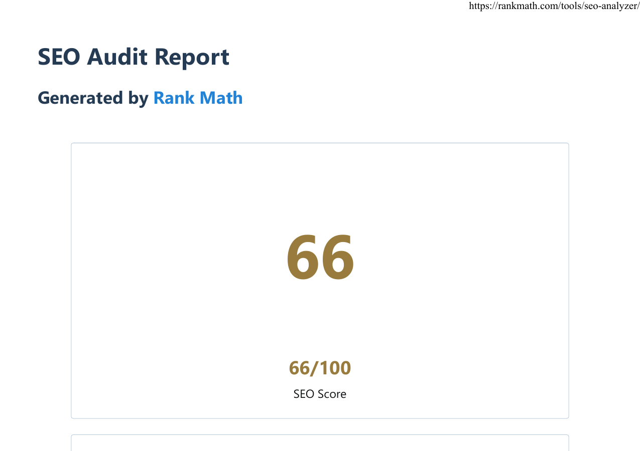 Rank Math baseline report for Biotek Farmasi showing 66 out of 100