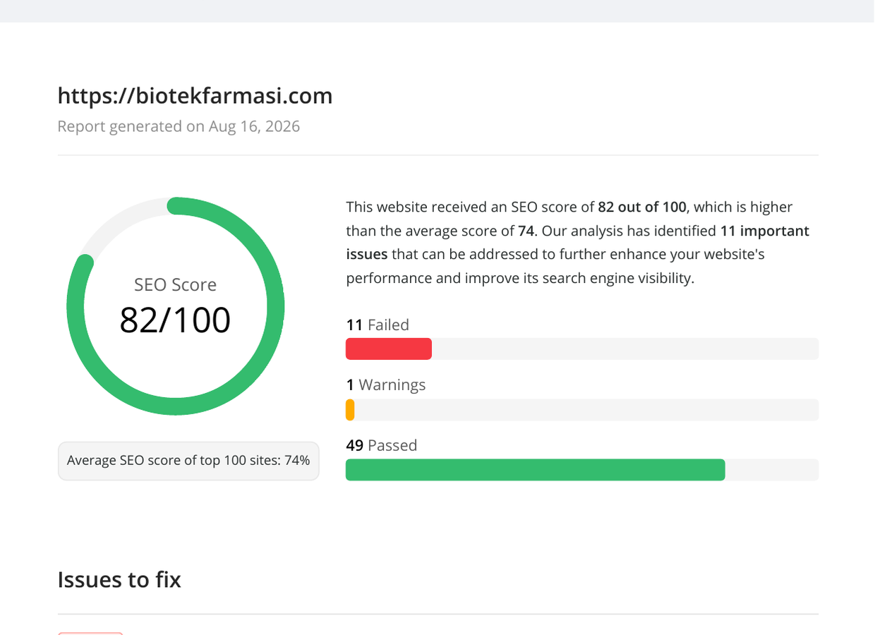 SEO Site Checkup optimised report for Biotek Farmasi showing 82 out of 100