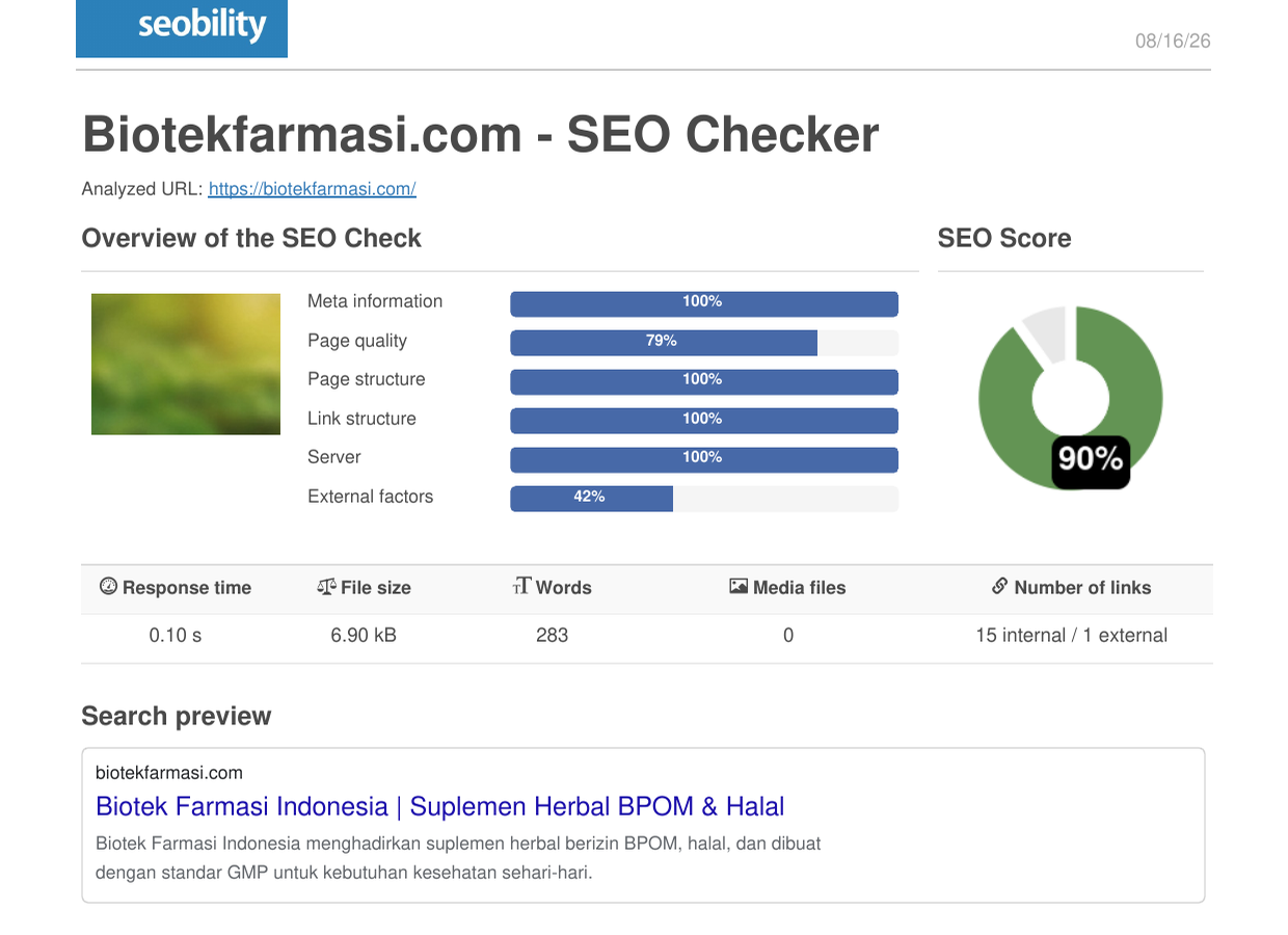 Seobility optimised report for Biotek Farmasi showing 100 percent