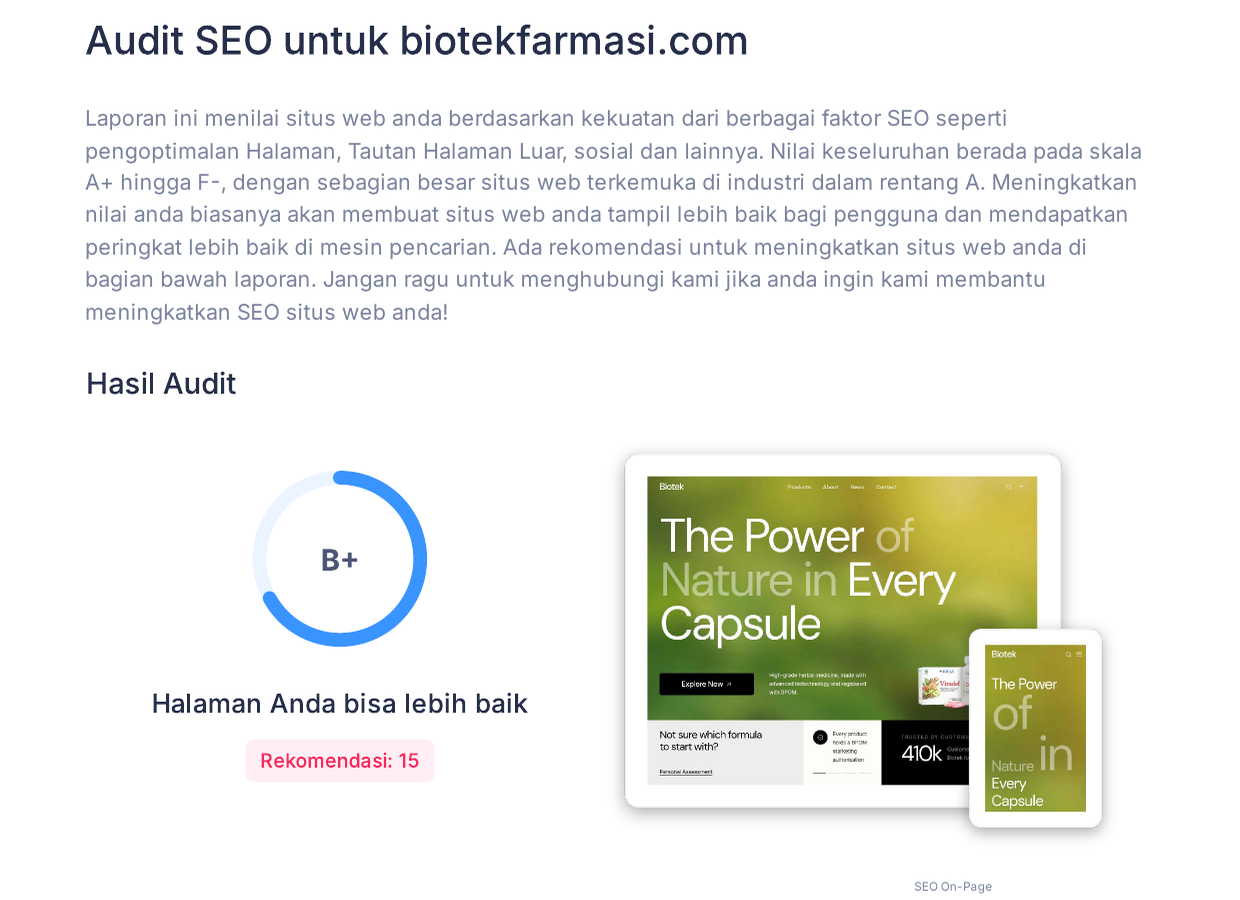 SEOptimer optimised report for Biotek Farmasi showing a B grade