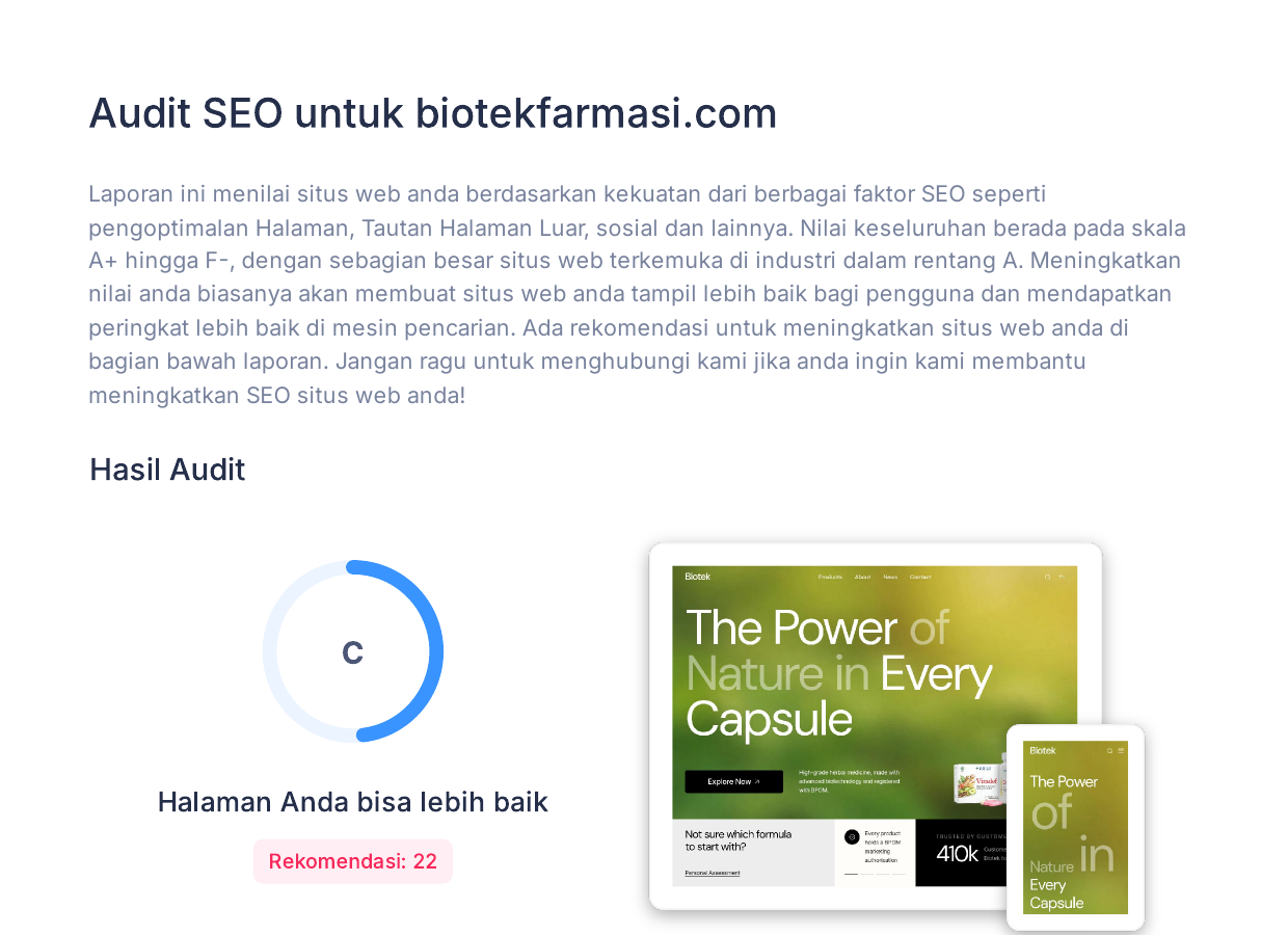 SEOptimer baseline report for Biotek Farmasi showing a C grade