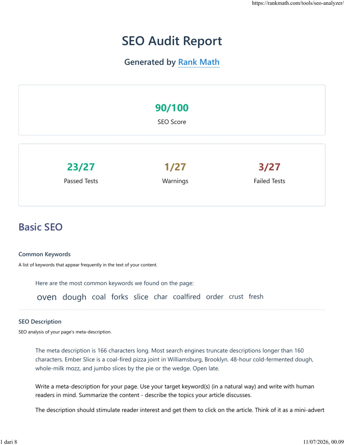 Rank Math before report for Ember Slice showing 90 out of 100