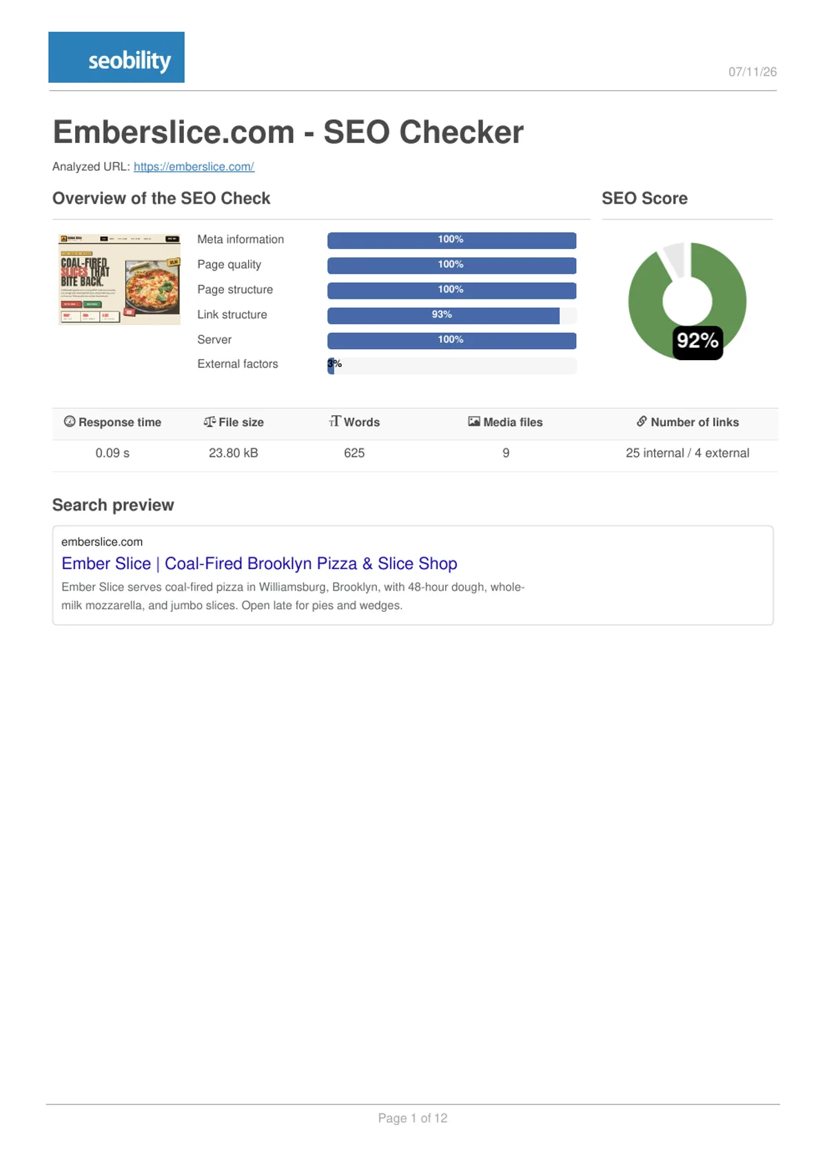 Seobility after report for Ember Slice showing 92 percent