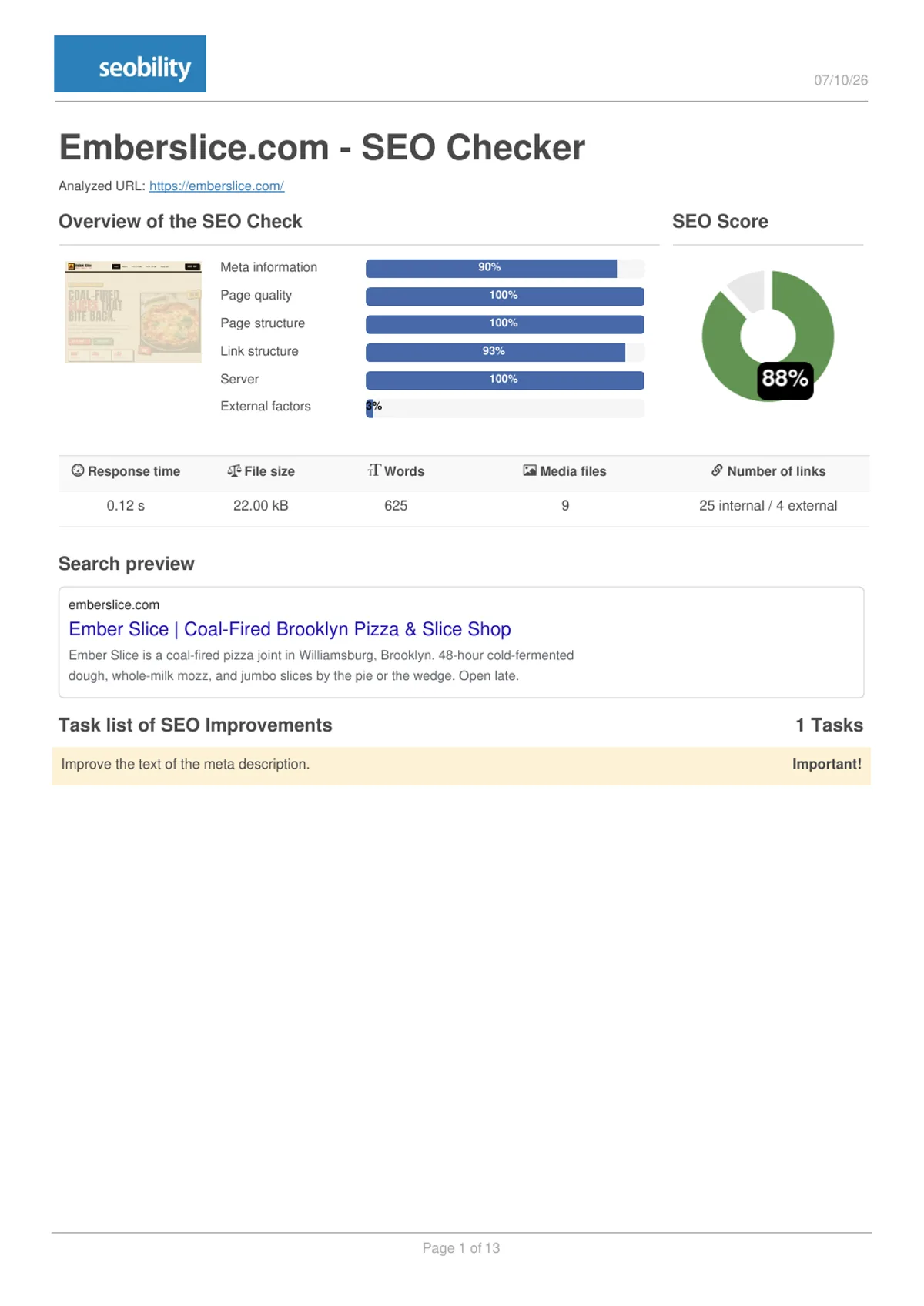Seobility before report for Ember Slice showing 88 percent