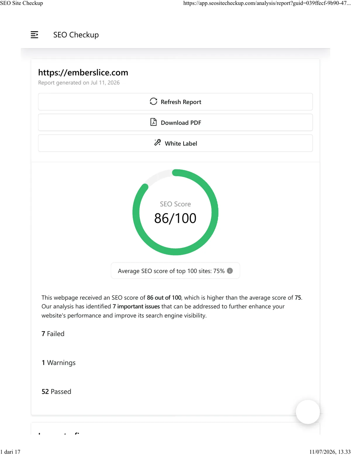 SEO Site Checkup after report for Ember Slice showing 86 out of 100