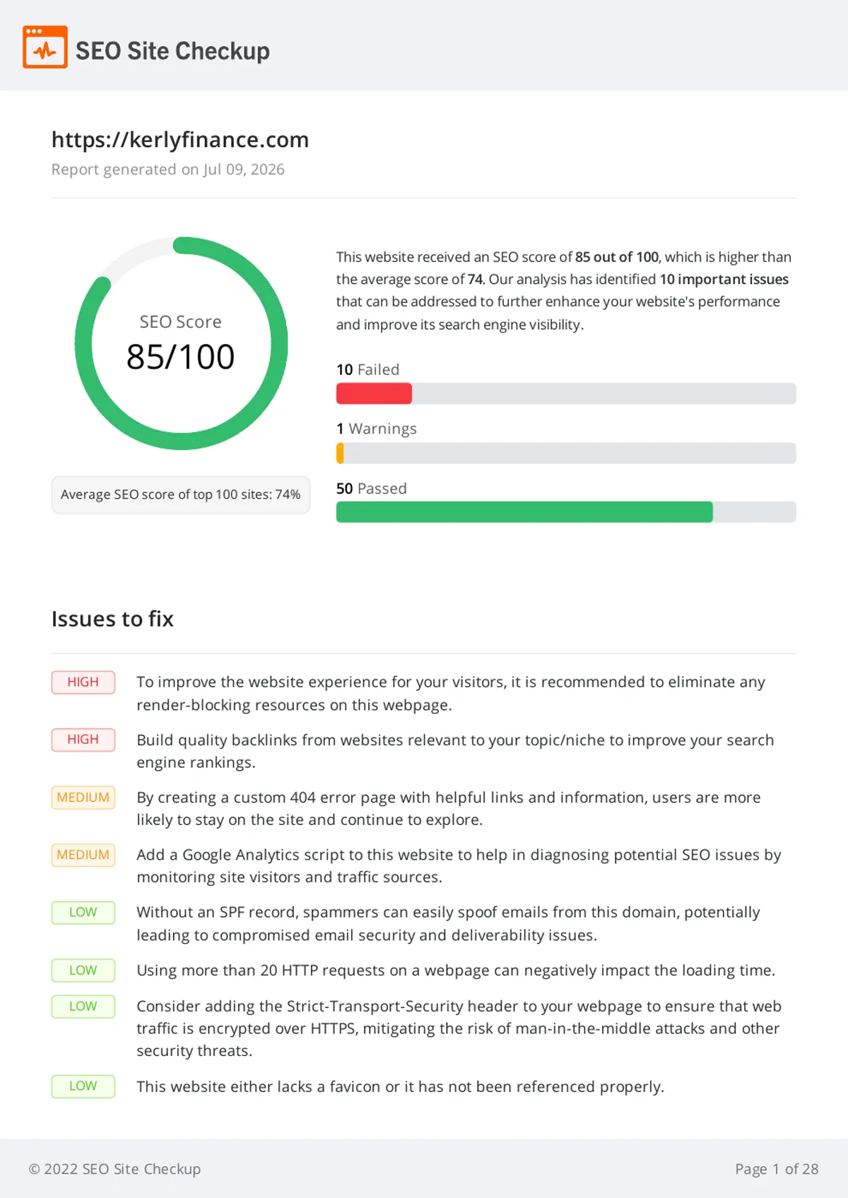 SEO Site Checkup before report for Kerly Finance showing 85 out of 100