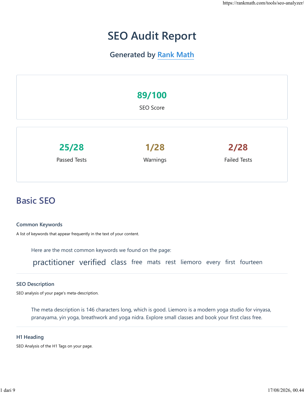 Rank Math optimised report for Liemoro showing 89 out of 100