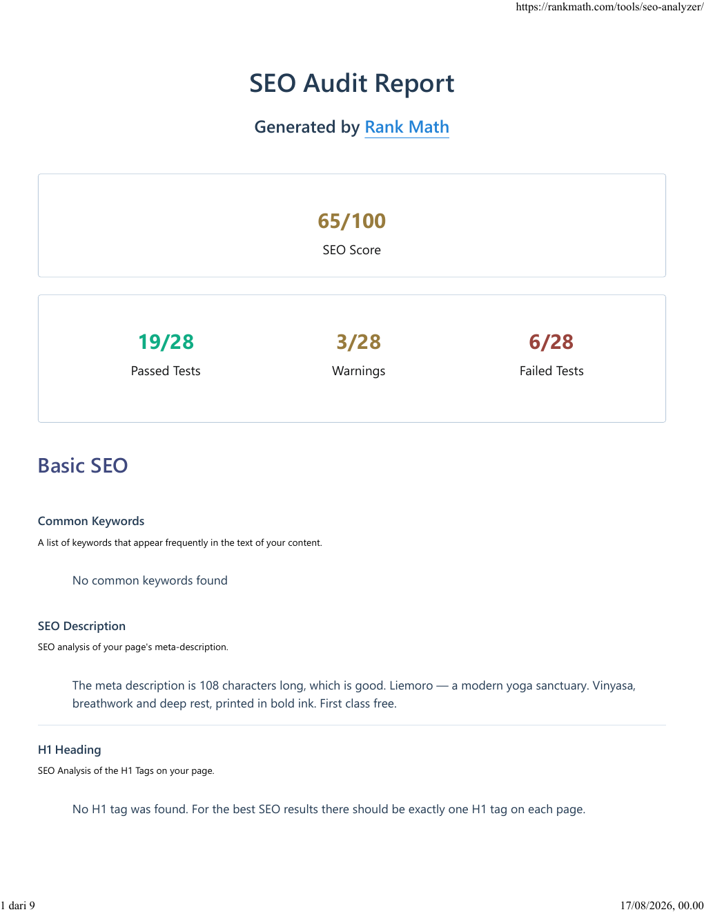 Rank Math baseline report for Liemoro showing 65 out of 100