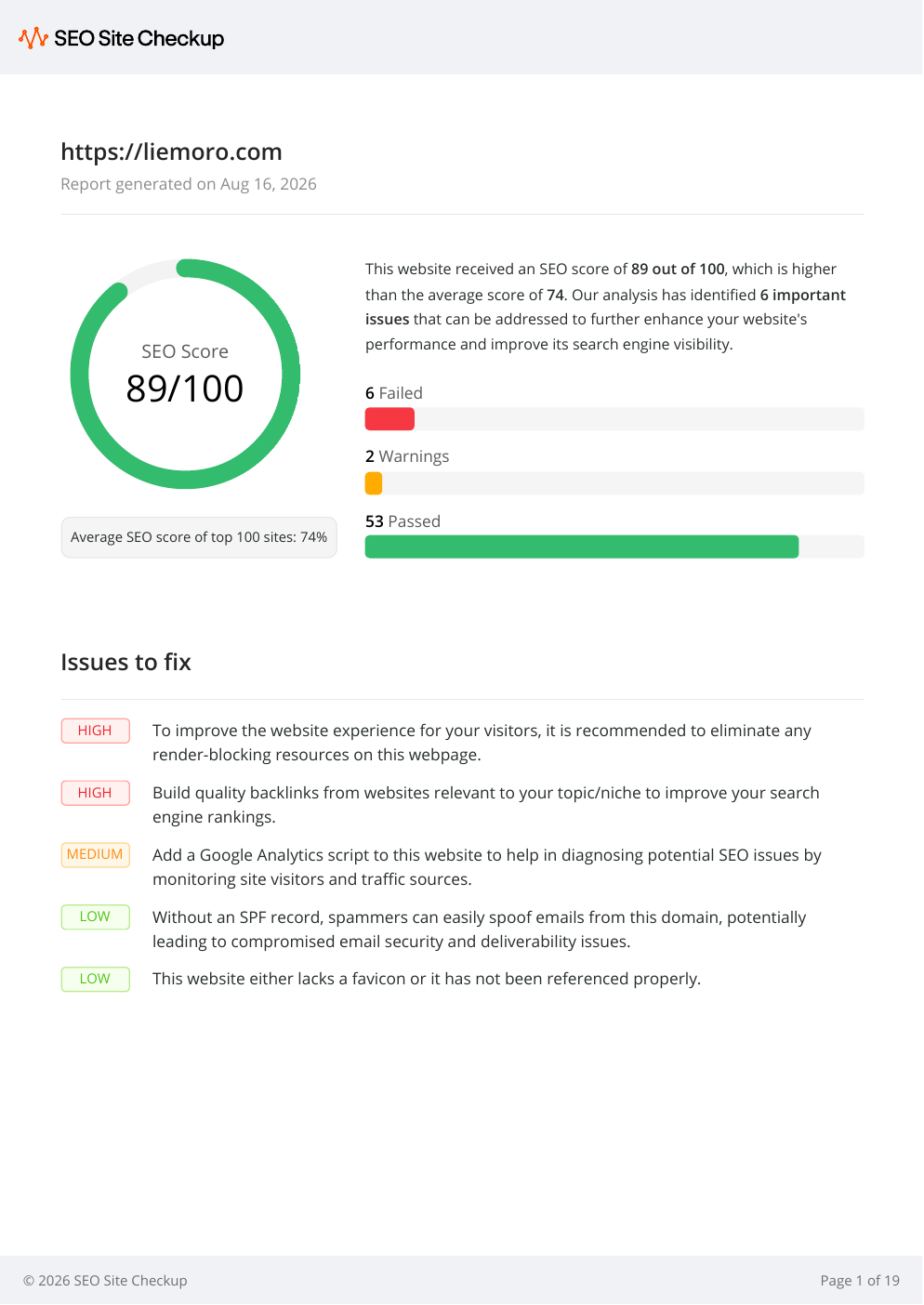 SEO Site Checkup optimised report for Liemoro showing 89 out of 100