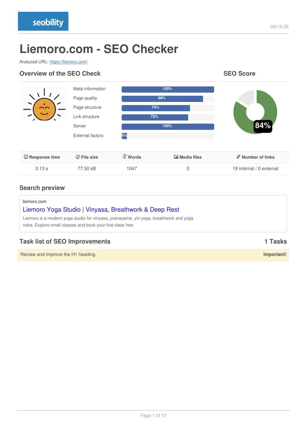 Seobility optimised report for Liemoro showing 84 percent