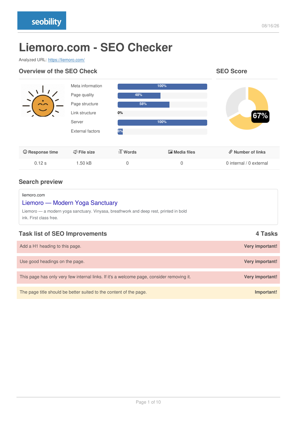 Seobility baseline report for Liemoro showing 67 percent