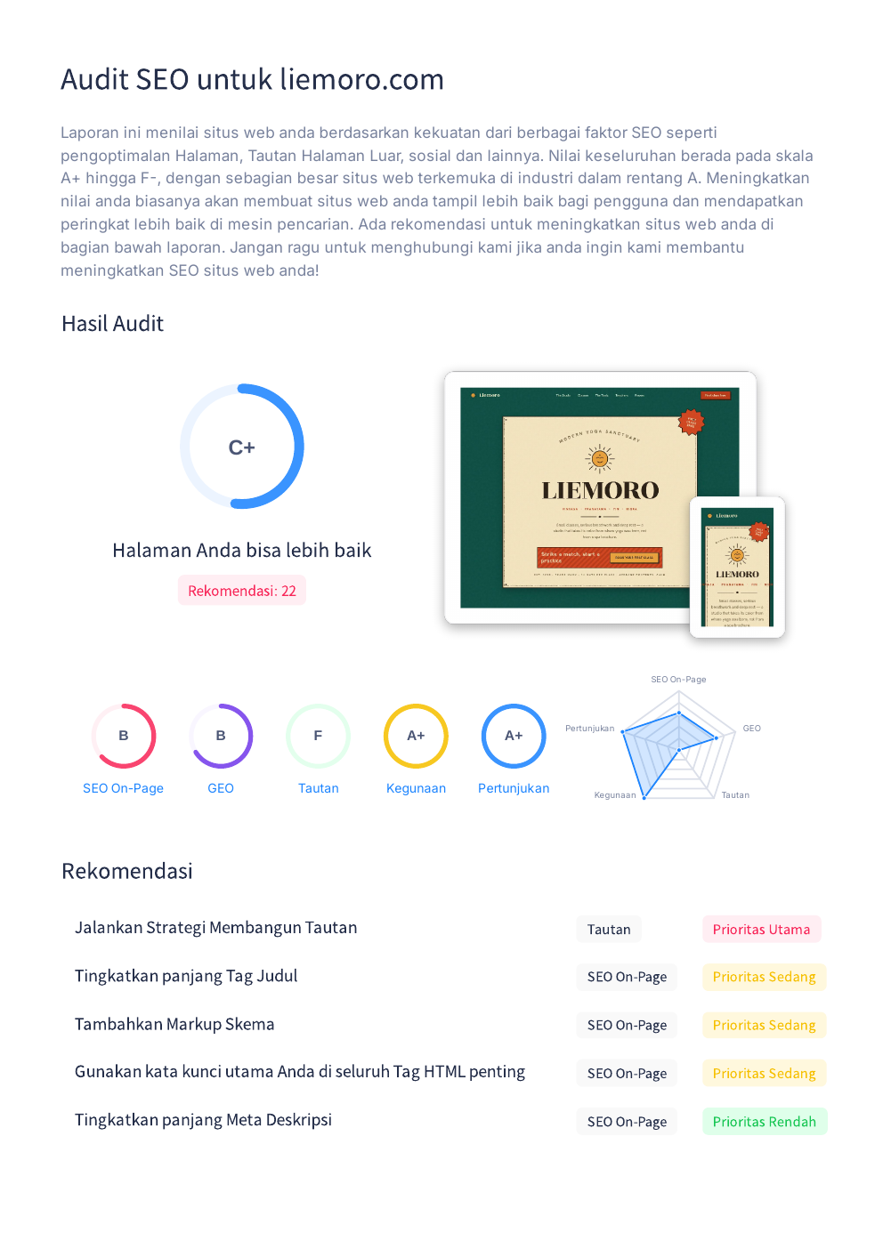 SEOptimer baseline report for Liemoro showing a C plus grade