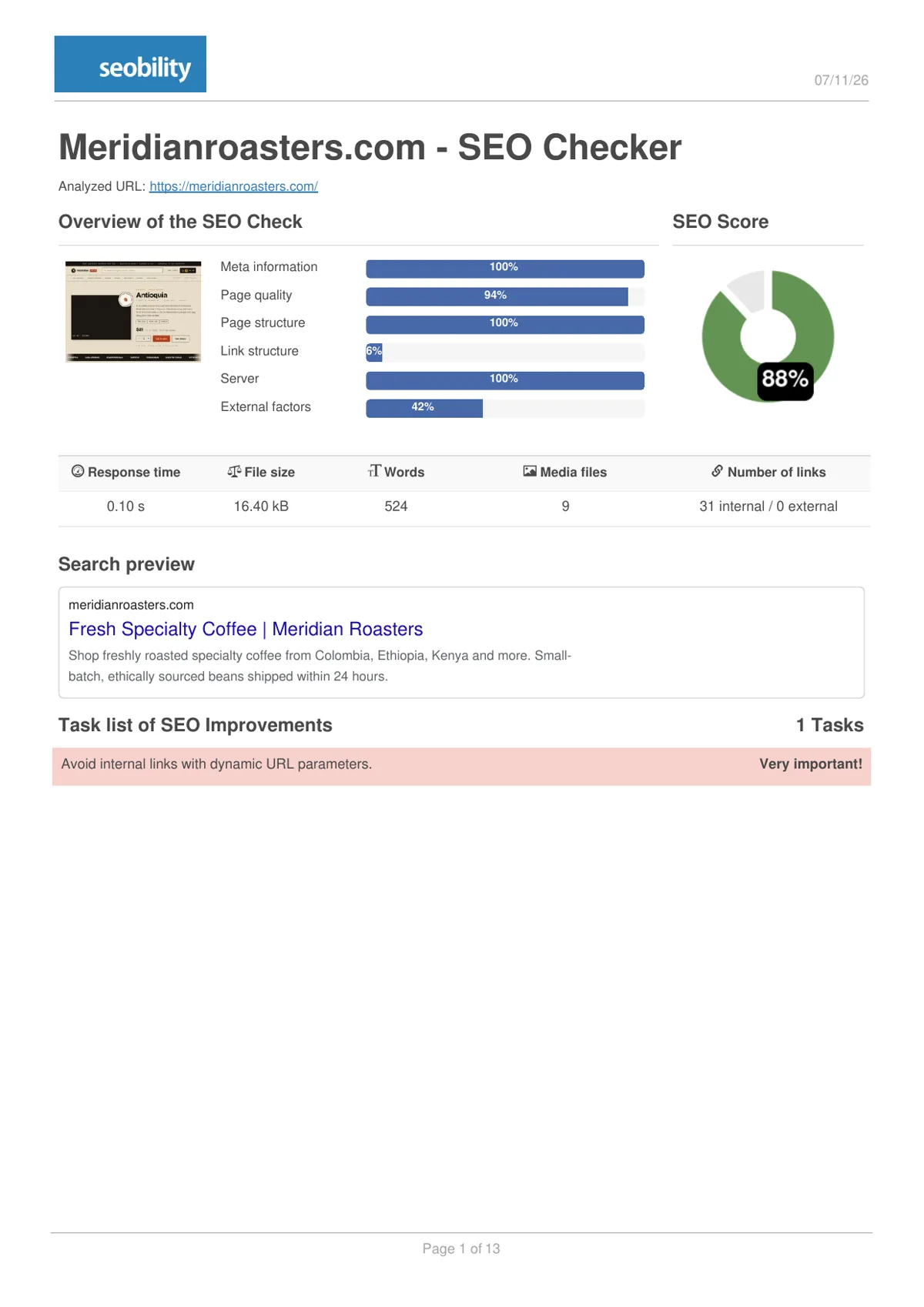 Seobility after report for Meridian Roasters showing 88 percent
