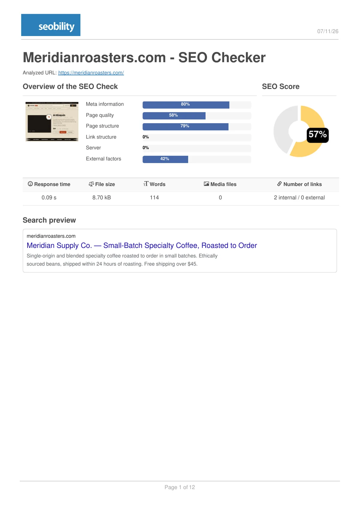Seobility before report for Meridian Roasters showing 57 percent