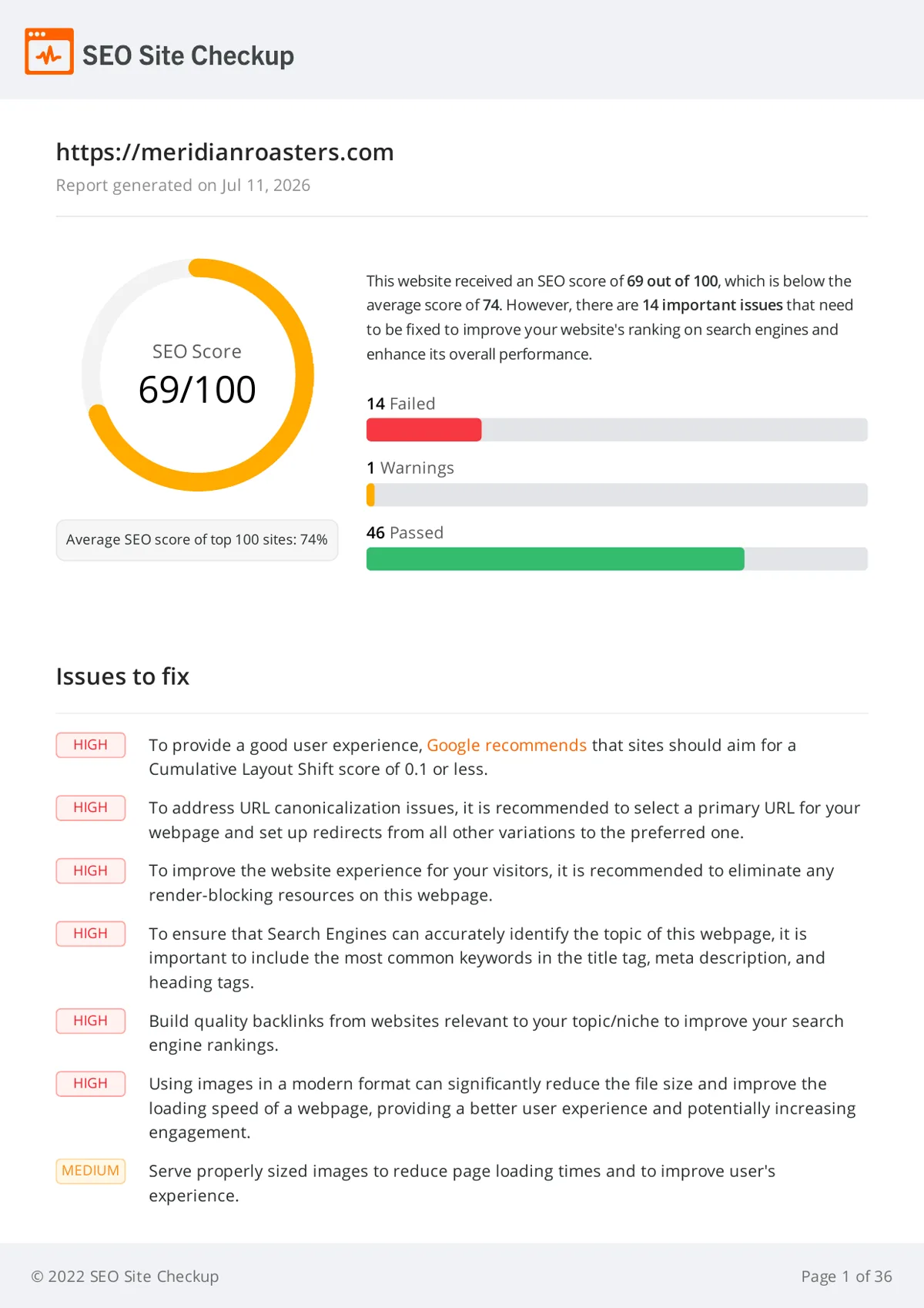 SEO Site Checkup before report for Meridian Roasters showing 69 out of 100