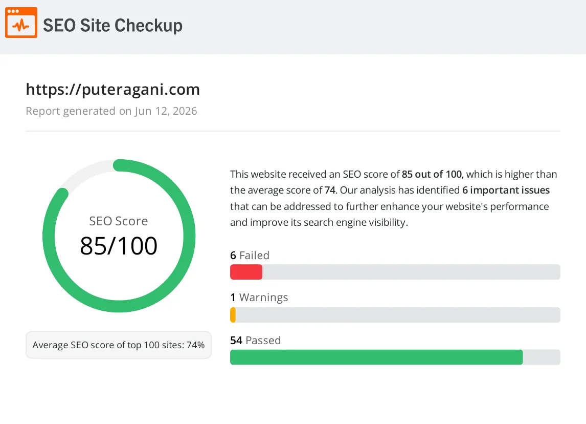 SEO Site Checkup report showing 85 out of 100, 54 passed tests, 1 warning, and 6 failed tests