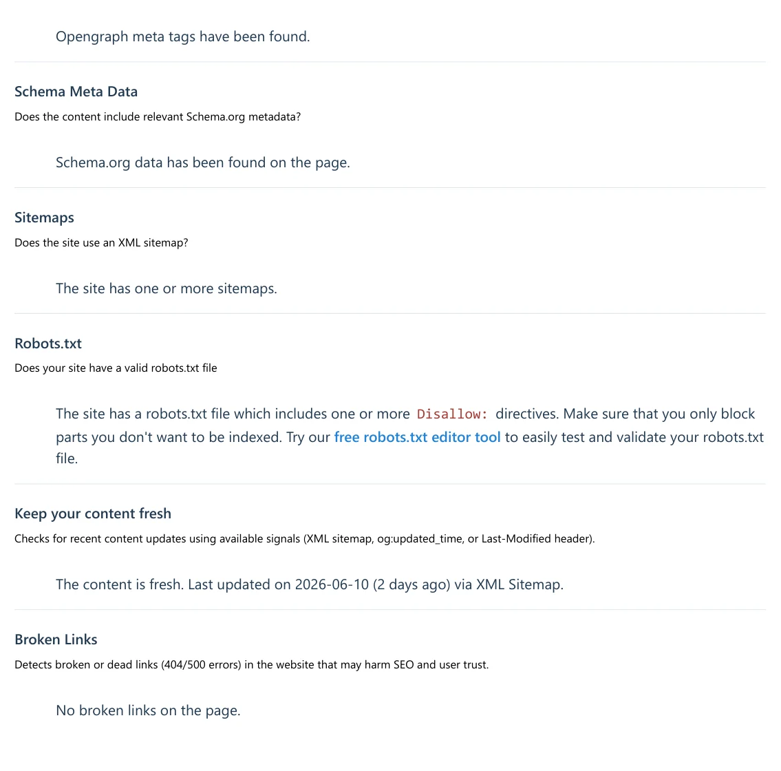 Rank Math technical checks confirming schema metadata, sitemap, robots.txt, fresh content, and no broken links