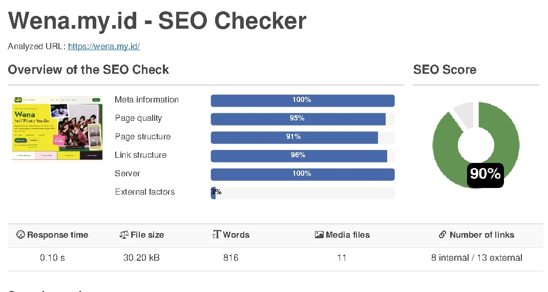 Seobility SEO Checker for Wena.my.id showing a 90 percent SEO score and strong meta, page quality, page structure, link structure, and server scores